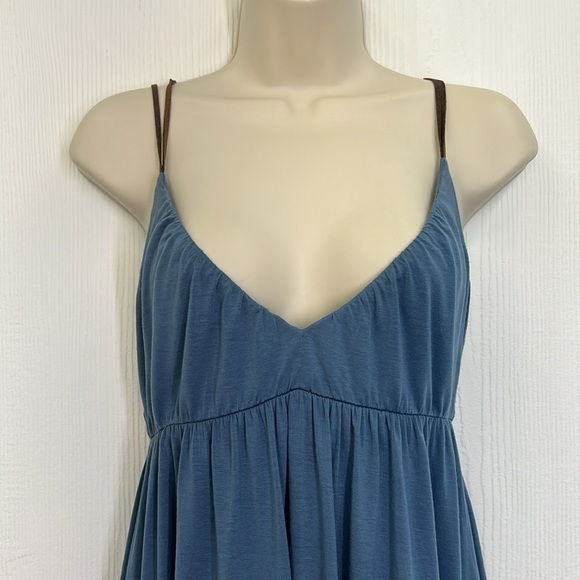 Free People - Blue V Neck With Brown Suede Spaghetti Straps Mini Dress Medium - Picture 3 of 11